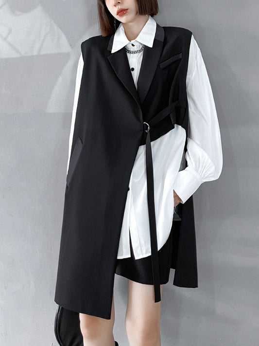 Cool Irregular Solid Color Split-Joint With Pocket Tied Notched Collar Sleeveless Vest Outwear
