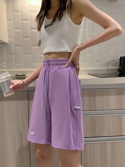 Casual Solid Color Elastics High Waisted Wide Leg Shorts
