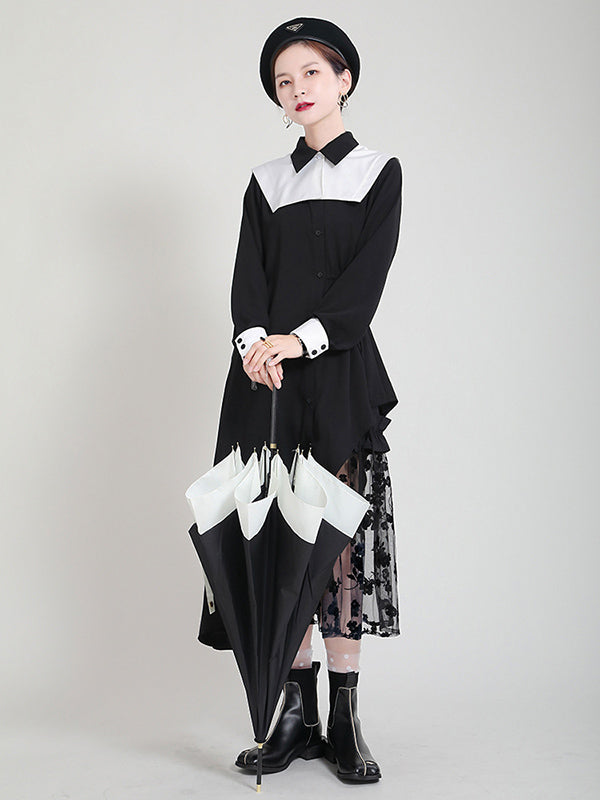 Original Irregular Split-Joint Buttoned Tied Lapel Collar Long Sleeves Midi Dress