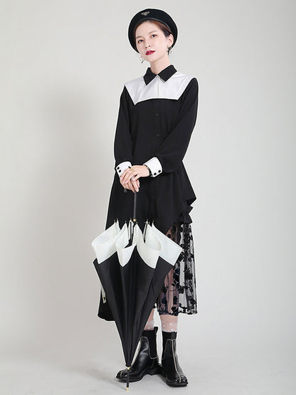 Original Irregular Split-Joint Buttoned Tied Lapel Collar Long Sleeves Midi Dress
