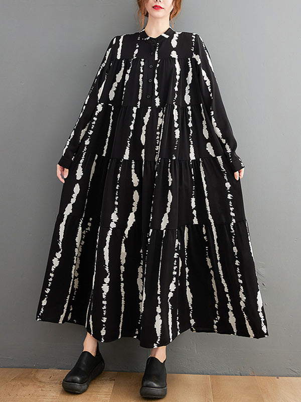 Stylish Buttoned Printed Long Sleeves Stand Collar Loose Midi Dress