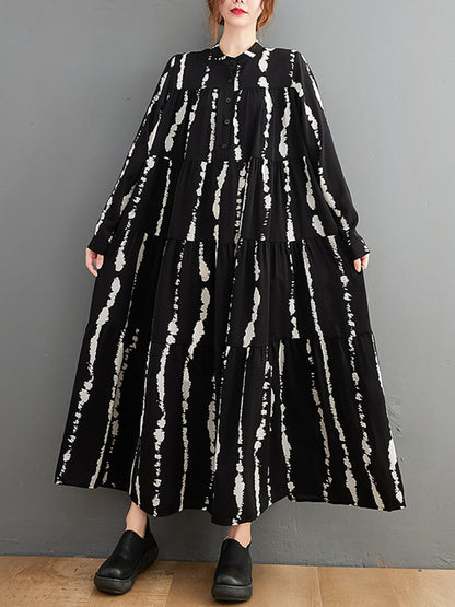 Stylish Buttoned Printed Long Sleeves Stand Collar Loose Midi Dress