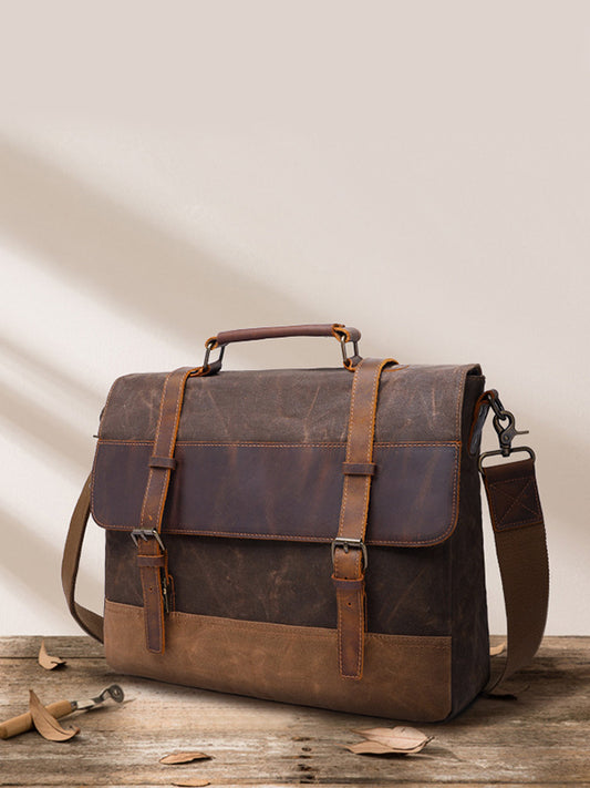 15.6-inch canvas bag horse cowhide briefcase retro bag