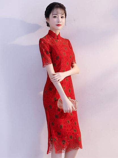 Red Lace Dacron Split-side Midi Cheongsam