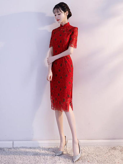 Red Lace Dacron Split-side Midi Cheongsam