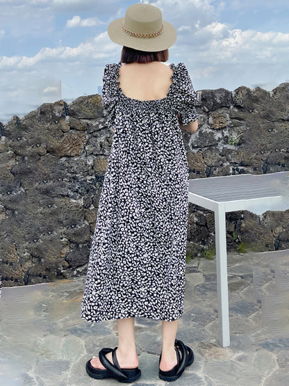 Fashion Floral Printed Square-Neck Puff Sleeves A-Line Midi Dress
