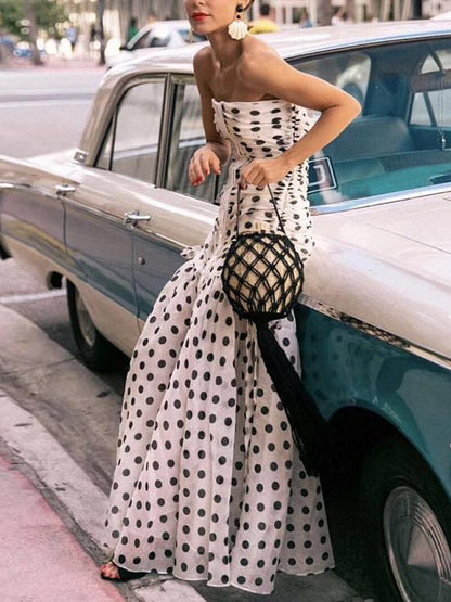 Sexy Polka Dot  Strapless Maxi Dress