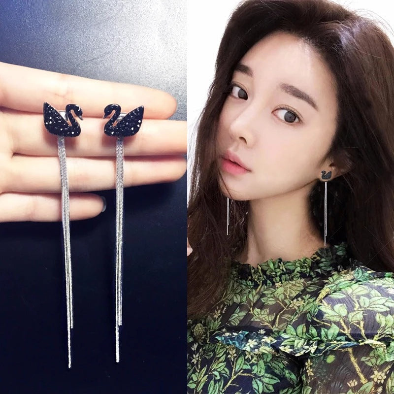 S925 silver needle tassel long swan earrings