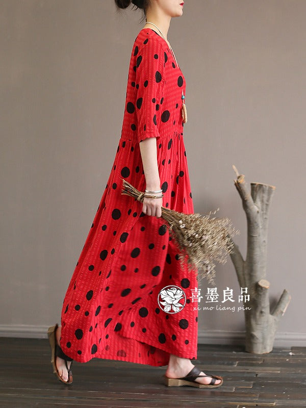 LOOSE SIMPLE POLKA-DOT COTTON LONG DRESS