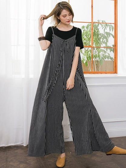 Open Shoulder Loosen Laced Jumpsuit in Black-White Stripes