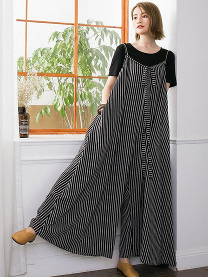 Open Shoulder Loosen Laced Jumpsuit in Black-White Stripes