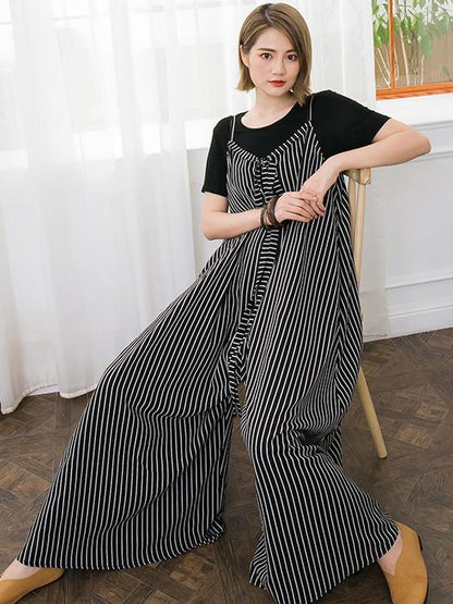 Open Shoulder Loosen Laced Jumpsuit in Black-White Stripes