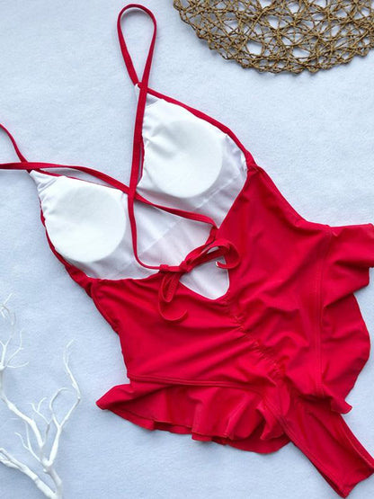 Plain Falbala Backless One Piece Swimsuit