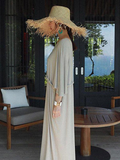 Loose Gray V-neck Elastic Waist Long Dress
