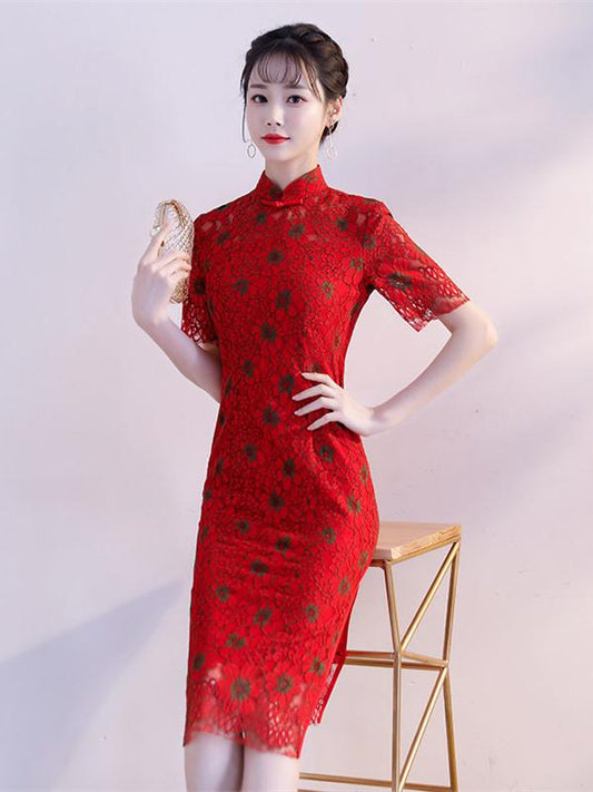 Red Lace Dacron Split-side Midi Cheongsam