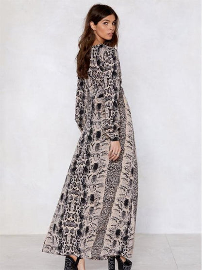 Fashion V-neck Leopard Print Long Sleeves Maxi Dress