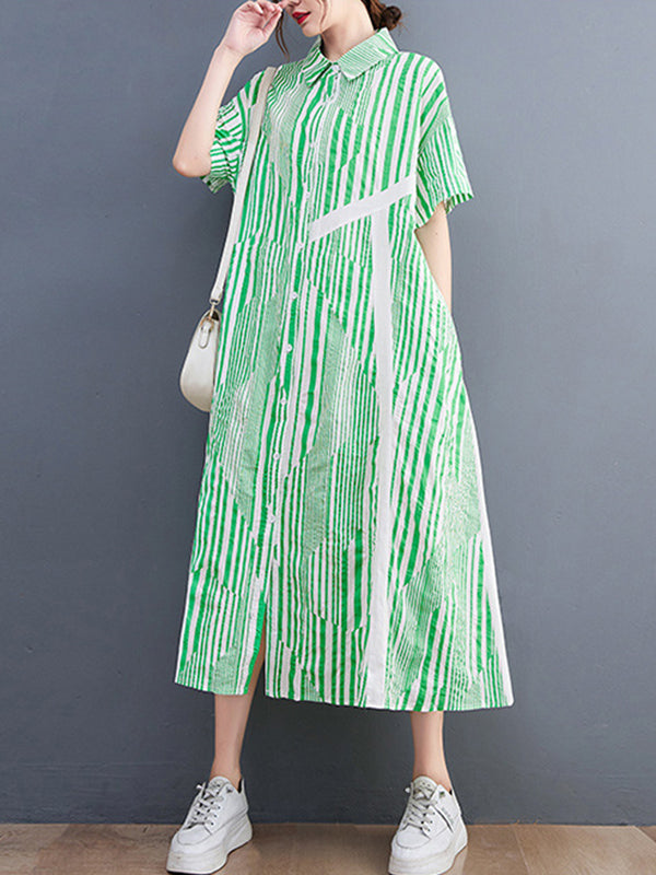 Artistic Retro Loose Striped Contrast Color Midi Shirt Dress