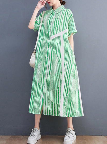 Artistic Retro Loose Striped Contrast Color Midi Shirt Dress