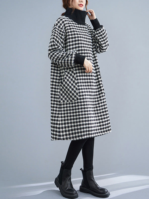 Casual Loose Plaid With Pocket High-Neck Long Sleeves Midi Dress