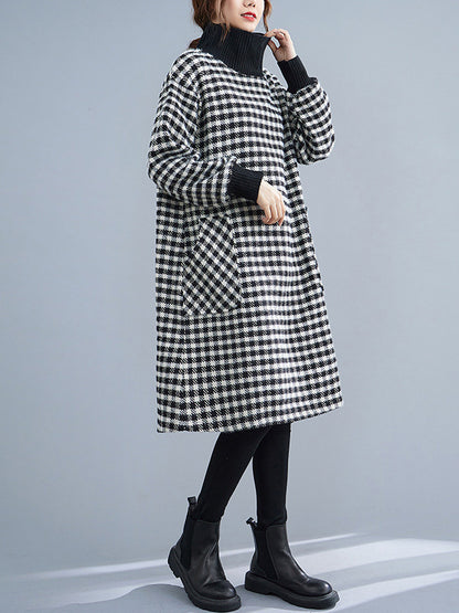 Casual Loose Plaid With Pocket High-Neck Long Sleeves Midi Dress