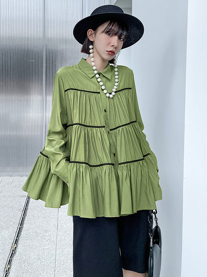 Original Buttoned Pleated Lapel Long Sleeves Blouse Tops