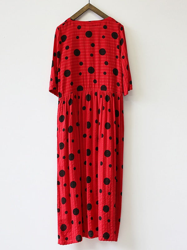 LOOSE SIMPLE POLKA-DOT COTTON LONG DRESS