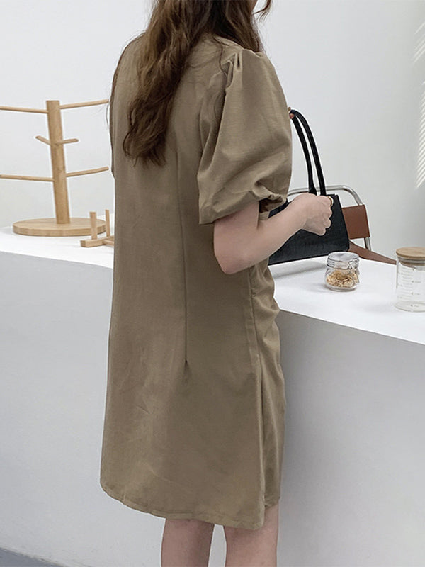 Urban Pleated Solid Color V-Neck Bishop Sleeve Mini Dress