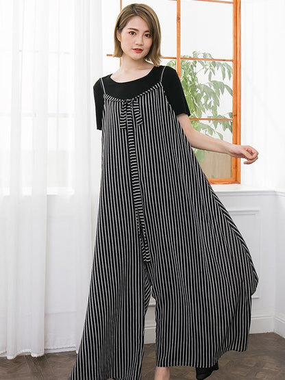 Open Shoulder Loosen Laced Jumpsuit in Black-White Stripes
