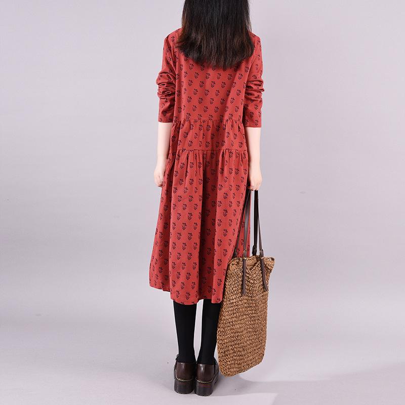 Buykud Casual Plant Printed O-Neck Pullover A-Line Dress