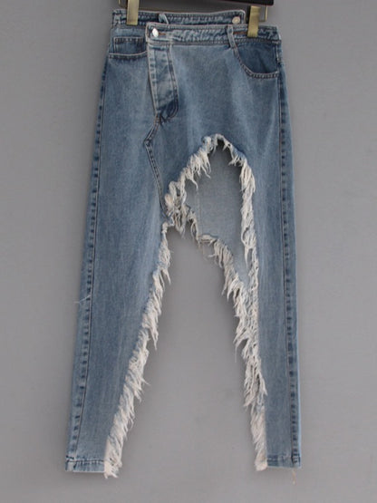 ORIGINAL IRREGULARITY FRINGED SPLIT-FRONT DENIM SKIRT