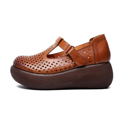 Buykud Fashion Summer Round Toe Leather Wedge Sandals