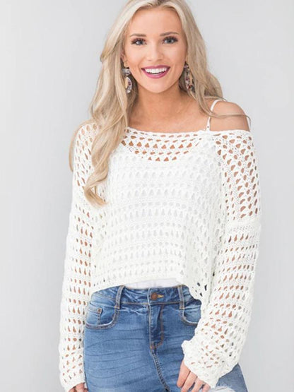 White Long Sleeve Hollow Blouses&Shirts Tops