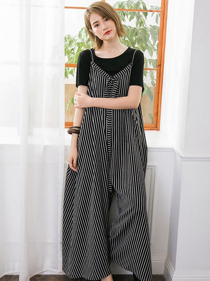 Open Shoulder Loosen Laced Jumpsuit in Black-White Stripes