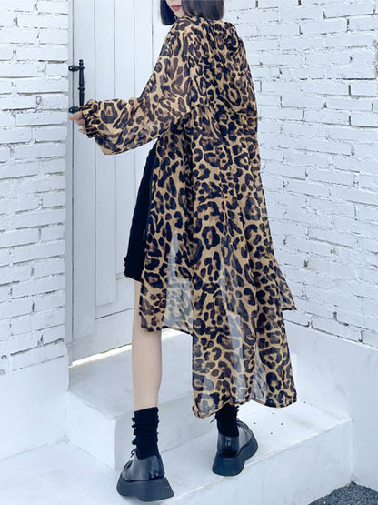 Original Leopard Zipper Split-Side Hooded Long Sleeves Sun-Protection Outerwear