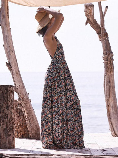 Printed Backless Halterneck Maxi Dress