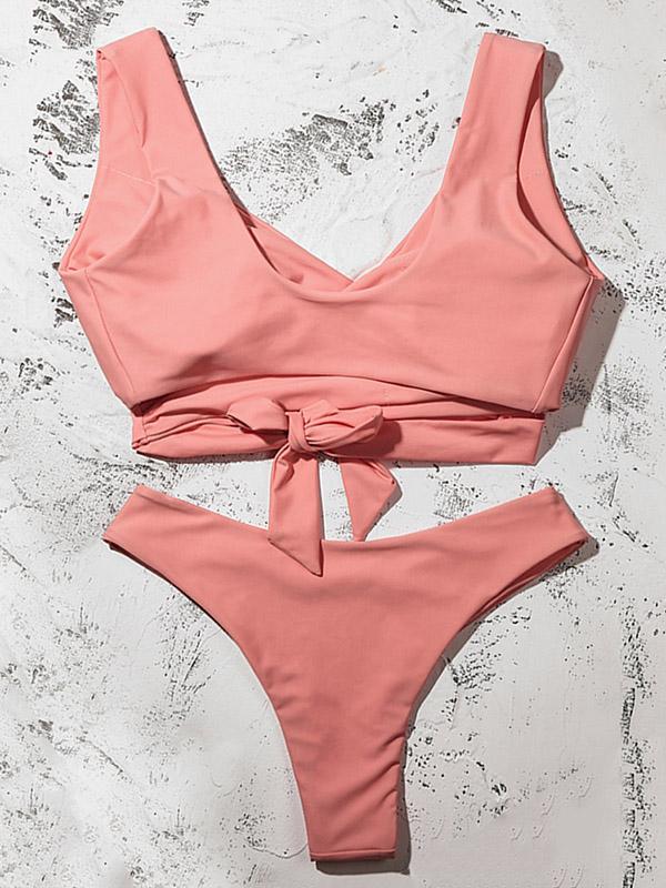 Solid Color Interlace Split Bikini Swimsuit