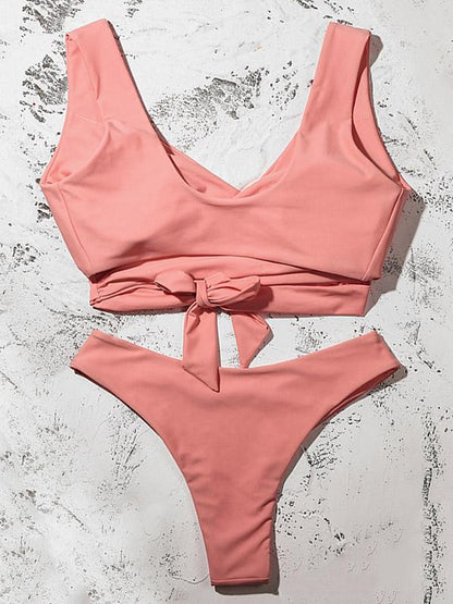 Solid Color Interlace Split Bikini Swimsuit
