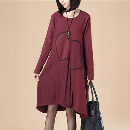 Women Lattice Stripe Splicing Long Sleeves Wine Red Dress