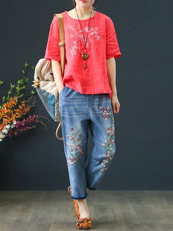 Loose Embroidered Jean Pants