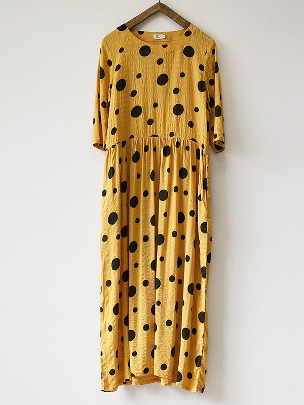 LOOSE SIMPLE POLKA-DOT COTTON LONG DRESS