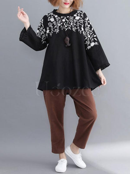 Loose Embroidered Round-neck Shirt