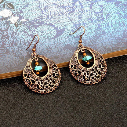 Fashion vintage alloy earrings popular openwork round flower turquoise earrings