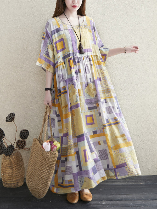 Artistic Retro Ramie Cotton Color-Block Pleated Round-Neck Half Sleeves Midi Dress