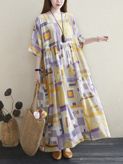 Artistic Retro Ramie Cotton Color-Block Pleated Round-Neck Half Sleeves Midi Dress
