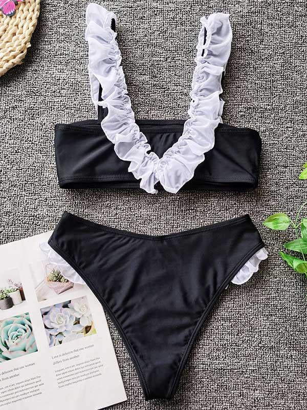 Ruffled Embellished Bandeau Split Bikini Swimsuit