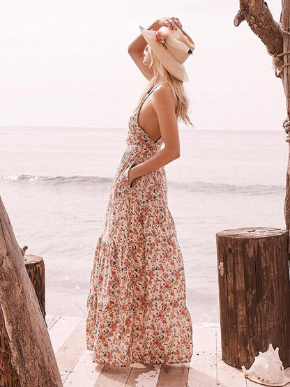 Printed Backless Halterneck Maxi Dress