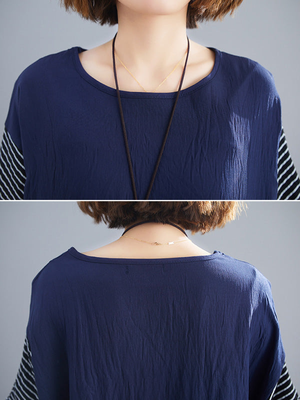Vintage Ramie Cotton Striped Split-Joint Batwing Sleeves Round-Neck T-Shirt