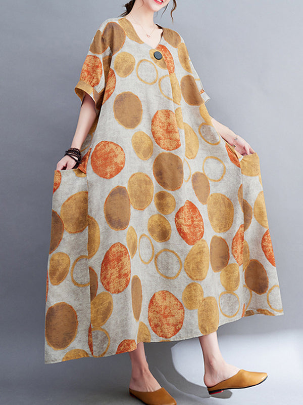 Original Artistic Retro Polka-Dot Ramie Cotton Midi Dress