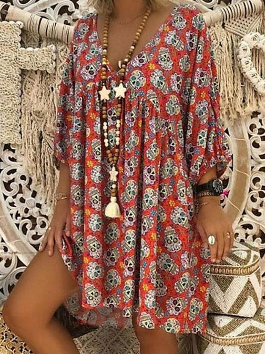 Plus Size V-neck Printed Skull Loose Mini Dress