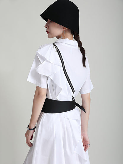 Stylish Irregular Split-Joint Falbala Buttoned Lapel Collar Short Sleeves Midi Dress